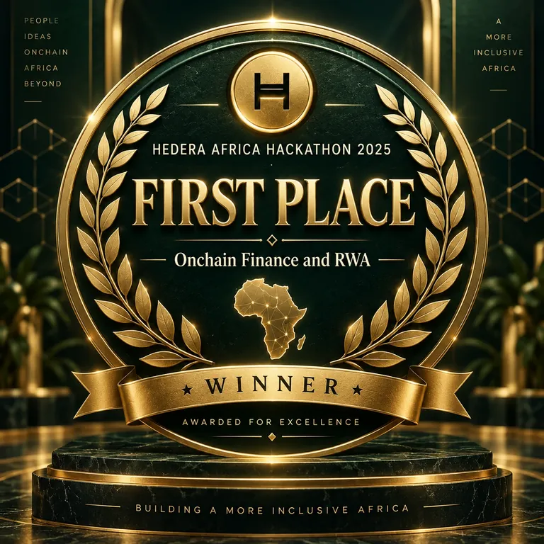 Award: Hedera Africa Hackathon 2025, First Place, Onchain Finance and RWA. Winner, awarded for excellence.