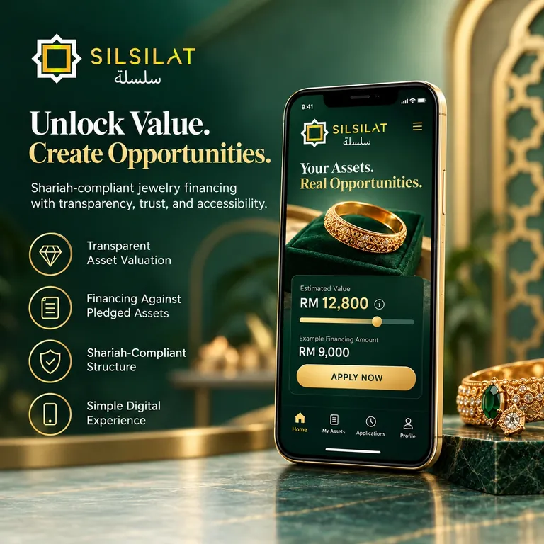 Silsilat on a phone: a gold ring with its estimated value and an example financing amount, beside a jewelled bangle